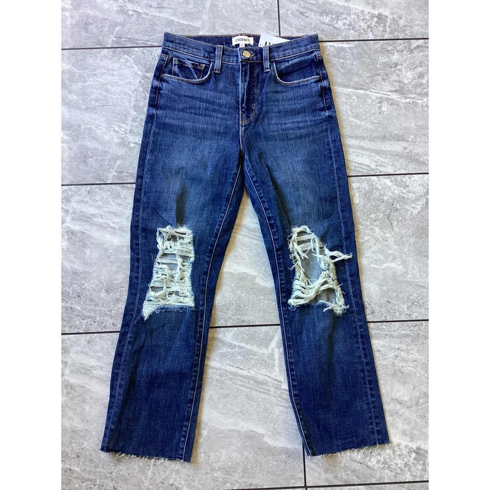 L'AGENCE High Rise Distressed Straight Leg Jeans Blue Raw Hem Size 25
